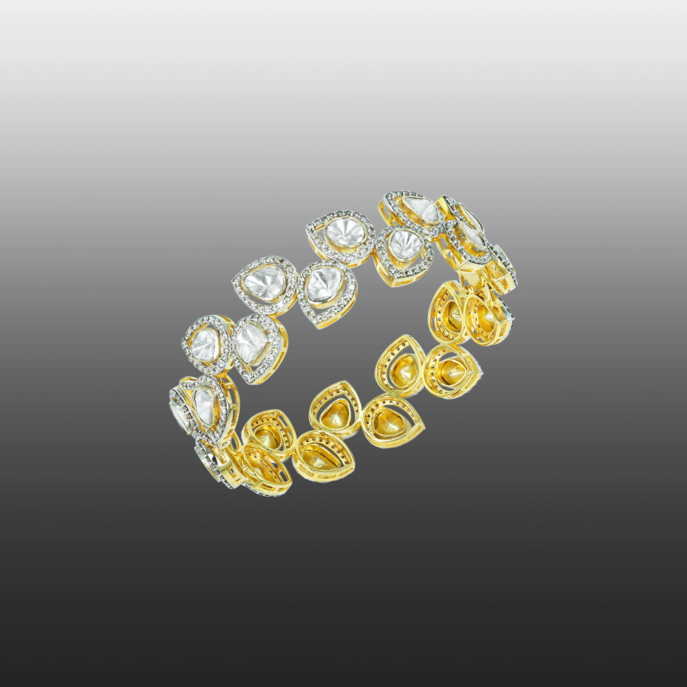 Teardrop Polki Diamond Bangle with Leafy Charm